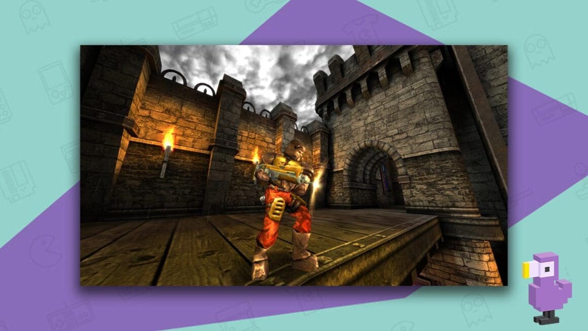 Quake Live gameplay, with a player on a castle balcony shooting down off screen.