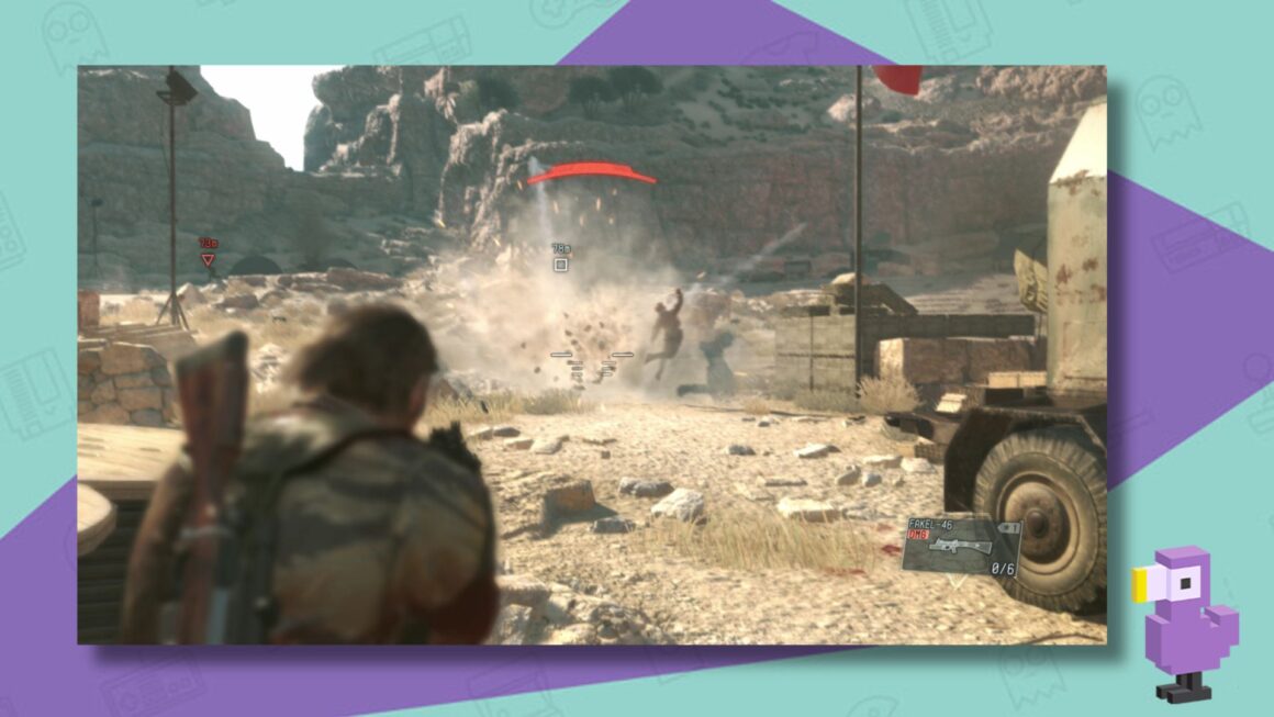 METAL GEAR SOLID V: THE PHANTOM PAIN SCREENSHOT OF SNAKE SHOOTING A SOLDIER
