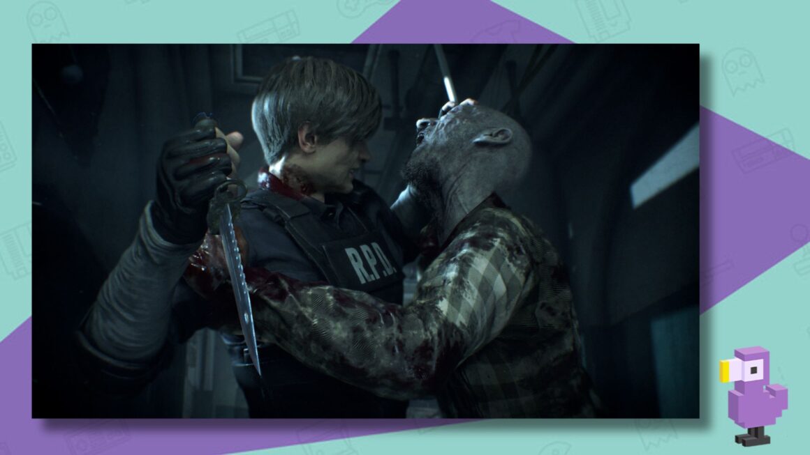 RESIDENT EVIL 2 SCREENSHOT OF LEON BEING ATTACKED BY A ZOMBIE