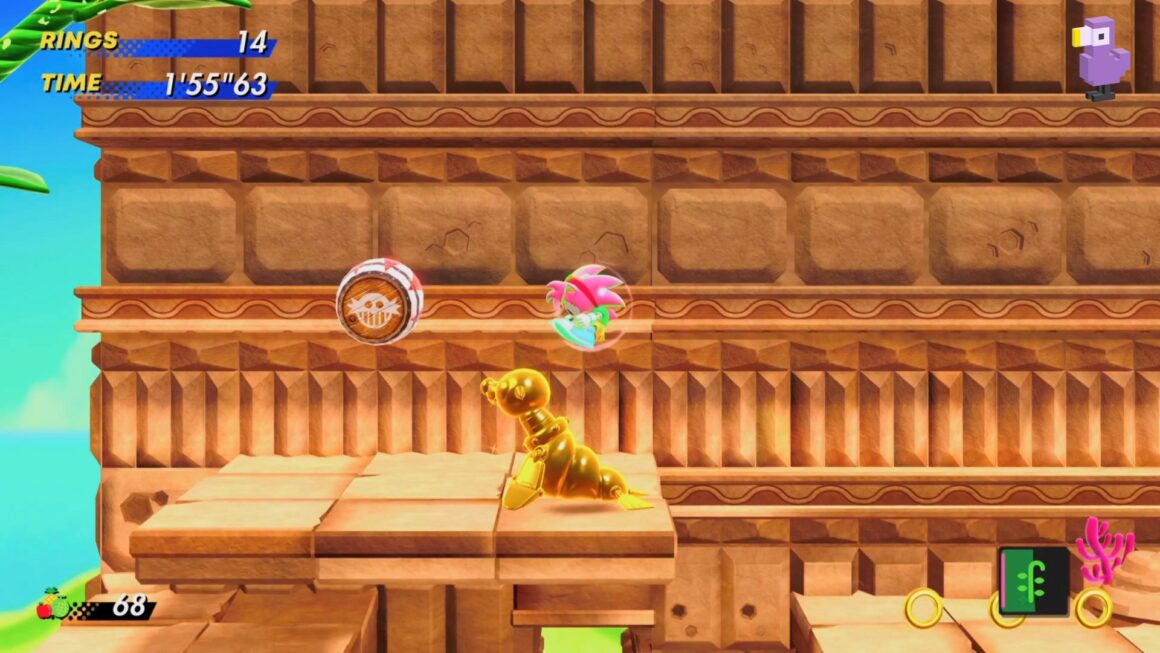SONIC SUPERSTAR GOLD ENEMY SEAL THROWING A BARREL AS AMY JUMPS ON IT - how to find all Gold Enemies in Sonic Superstars