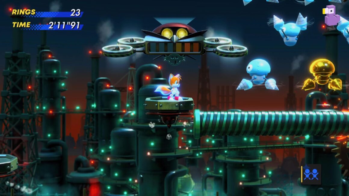 SONIC SUPERSTAR GOLD ENEMY FLOATING AROUND A FACTORY AT NIGHT - how to find all Gold Enemies in Sonic Superstars
