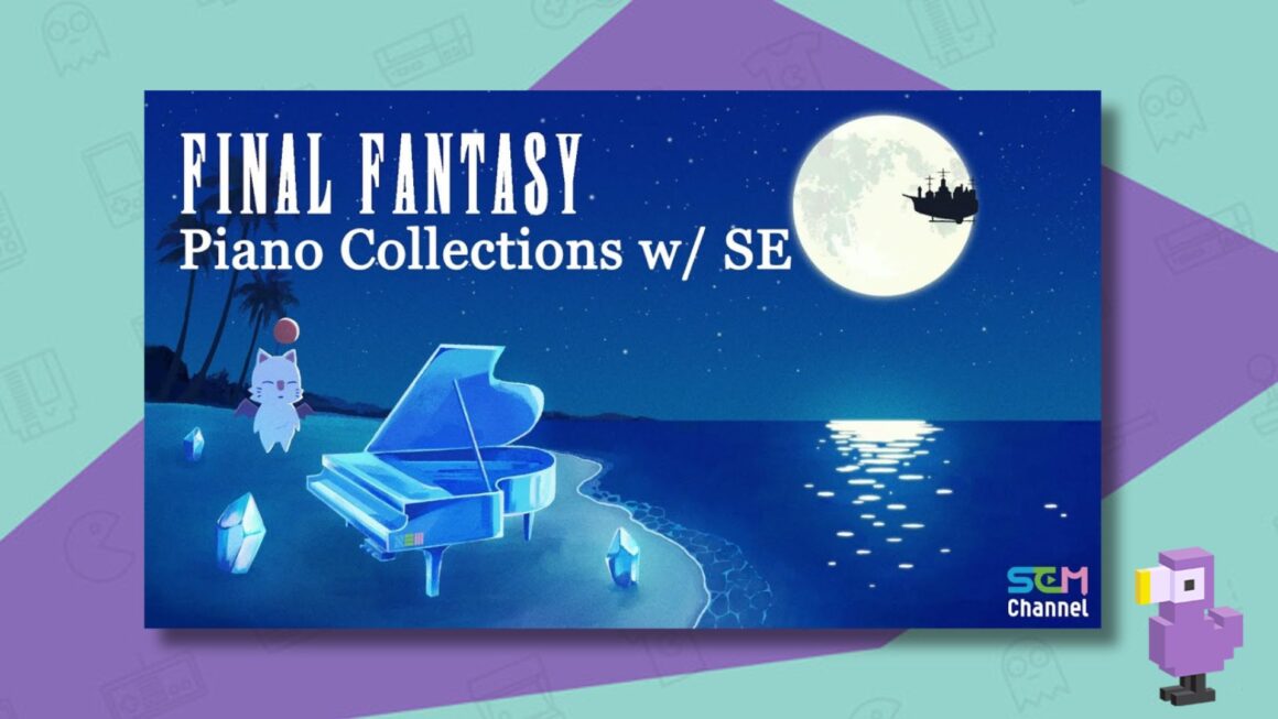 FINAL FANTASY PIANO COLLECTIONS W/SE IMAGE FROM THE SQUARE ENIX MUSIC CHANNEL WITH A PIANO SAT ON A MOONLIT BEACH WITH A MOOGLE