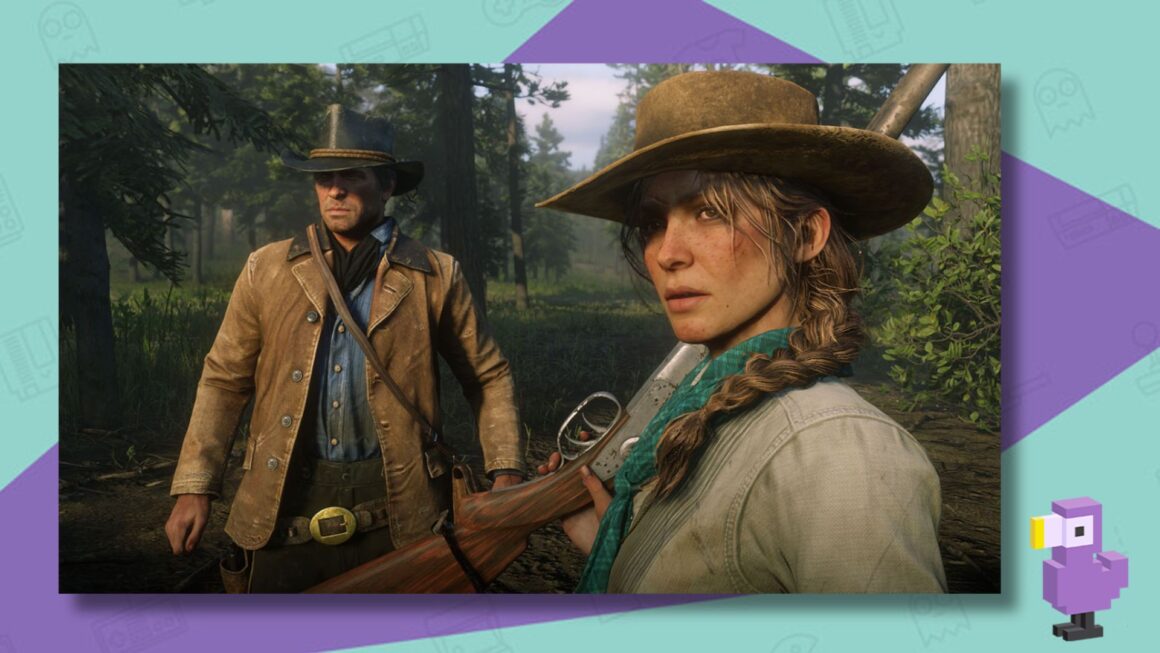 RED DEAD REDEMPTION 2 SCREENSHOT OF ARTHUR AND SADIE LOOKING TENSE