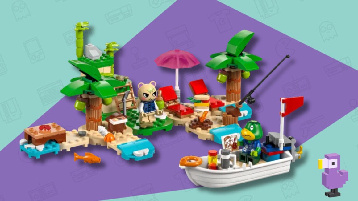 LEGO ANIMAL CROSSING KAPP'N'S ISLAND BOAT TOUR PLAYSET WITH KAPP'N AND MARSHAL STOOD ON A DESERT ISLAND AND SAT IN A BOAT