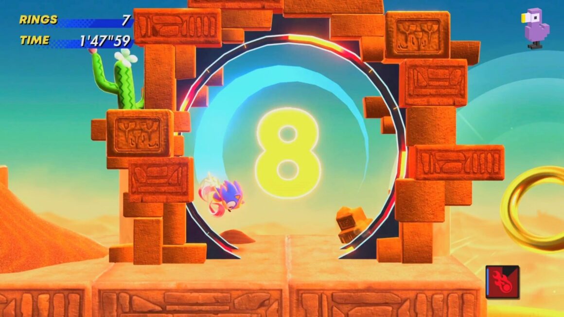 SONIC RUNS AROUND A LOOP WITH A GIANT 8 IN THE MIDDLE IN SONIC SUPERSTARS
