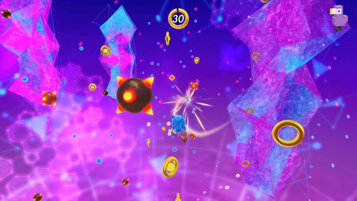 SONIC CHASES THE WHITE CHAOS EMERALD IN THE SPECIAL STAGE OF SONIC SUPERSTARS