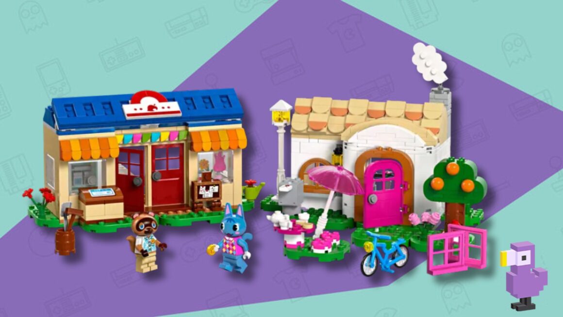 LEGO ANIMAL CROSSING NOOK'S CRANNY PLAYSET WITH TOM NOOK AND ROSIE STANDING NEXT TO THEM