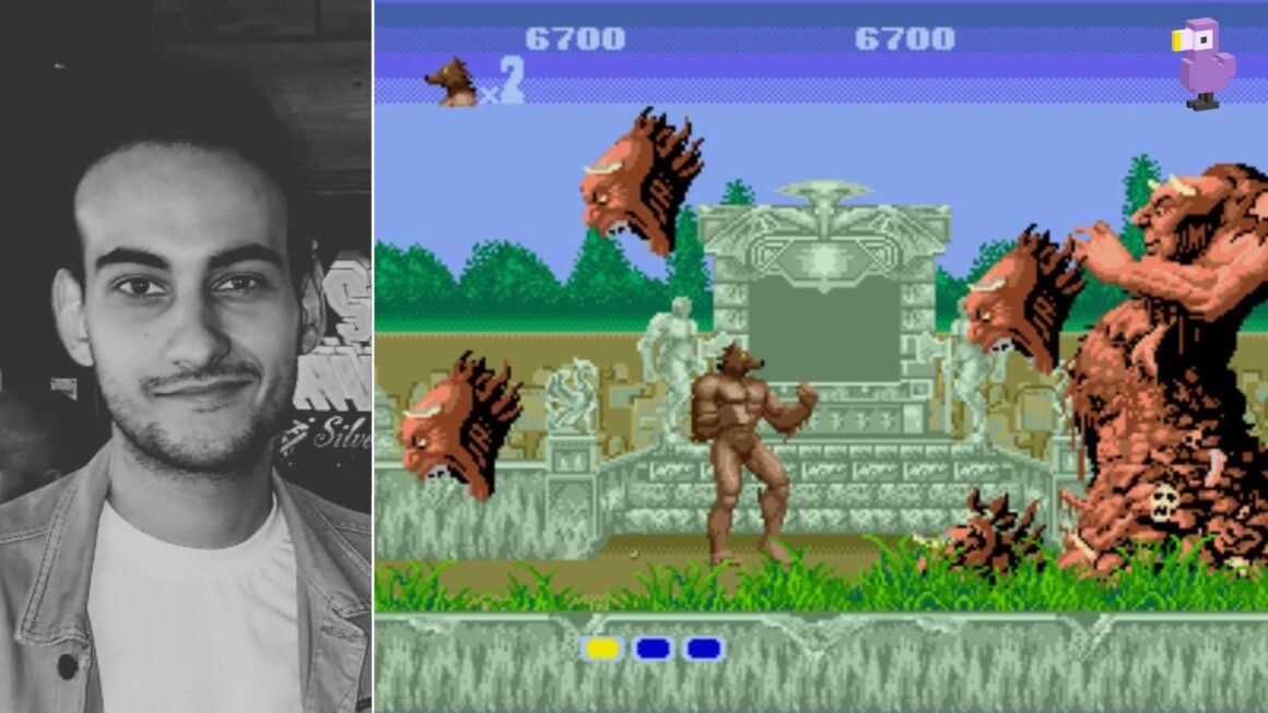 JACOB WOODWARD AND A SCREENSHOT OF ALTERED BEAST WITH A BEAST FACING A MONSTER