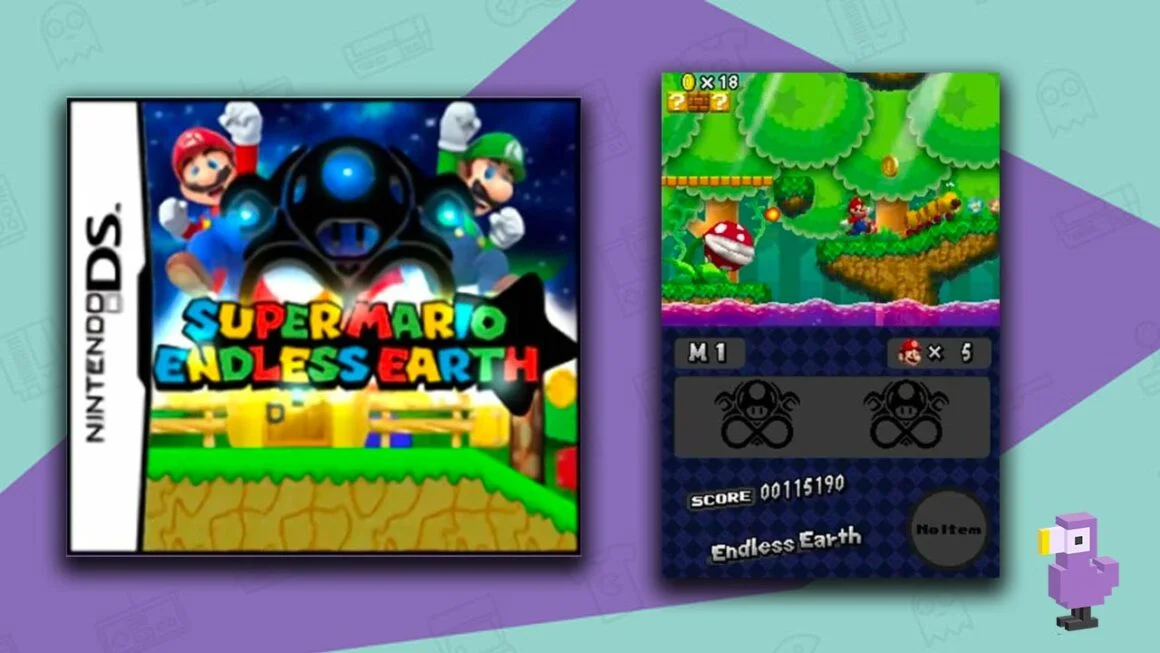 Super Mario: Endless Earth game case art and dual-screen gameplay