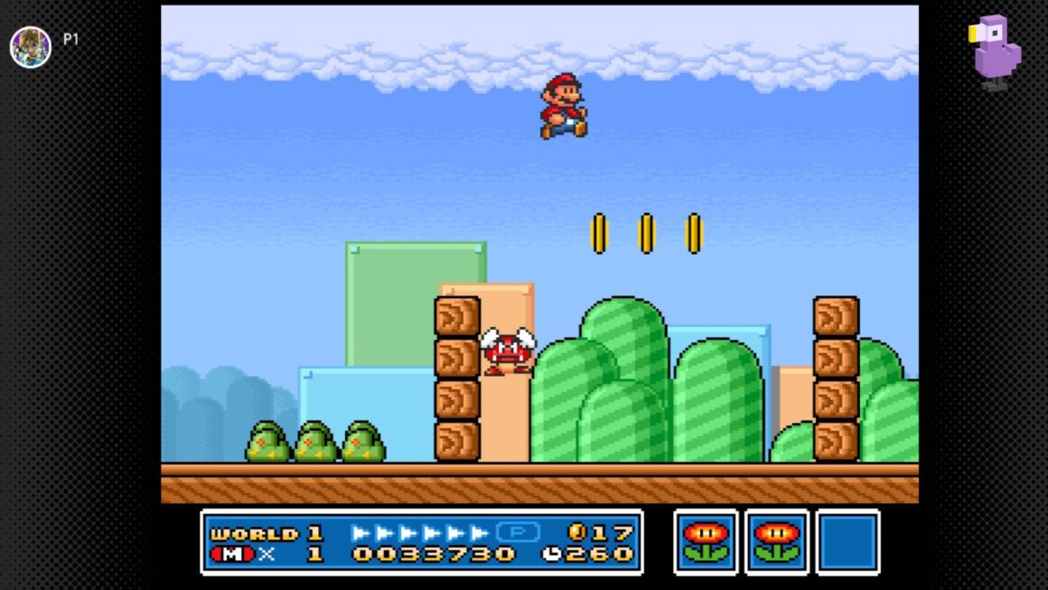 Super Mario jumping over 3 coins and a goomba