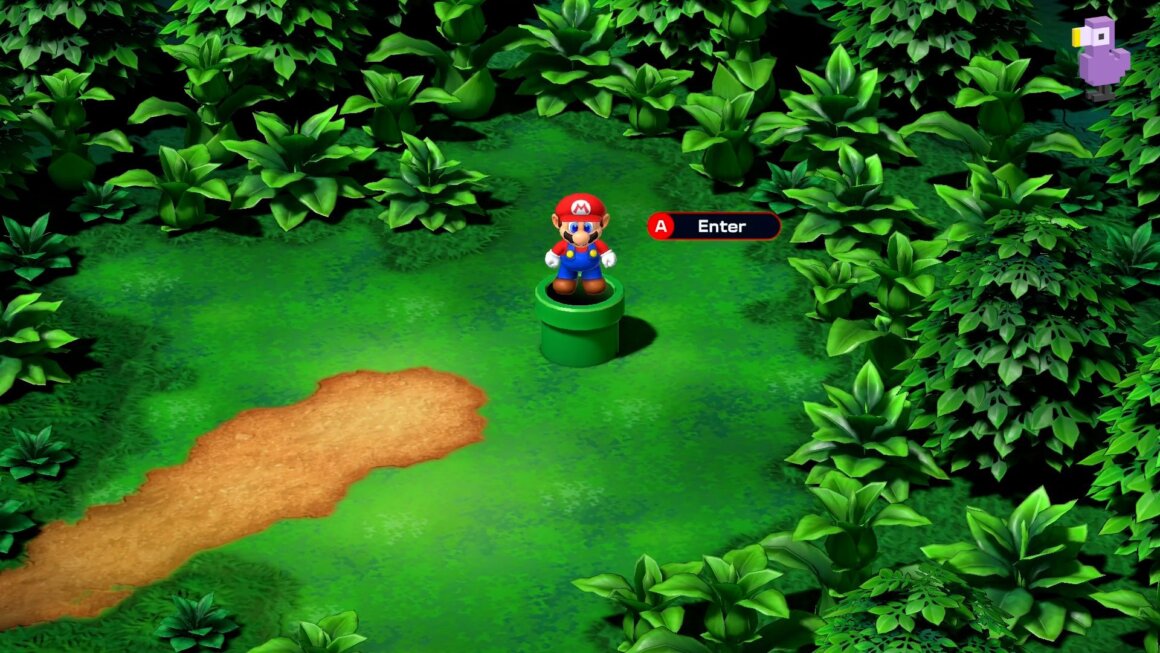 Super Mario RPG gameplay - Mario standing on a pipe