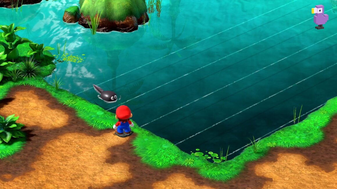 Super Mario RPG - Mario at a river with lines that look like a musical score in it
