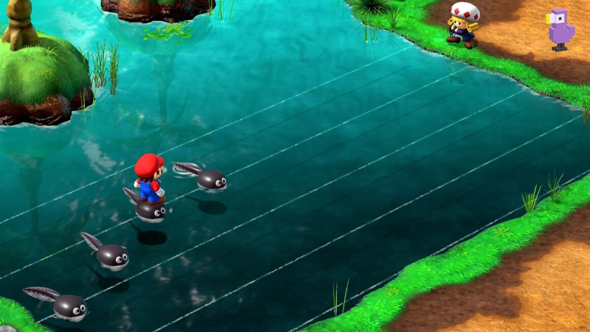 Super Mario RPG-Mario sautant sur des têtards pour atteindre le rivage