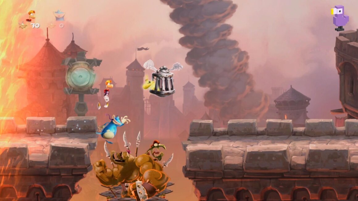 Rayman and friends jumping over a gap in a bridge