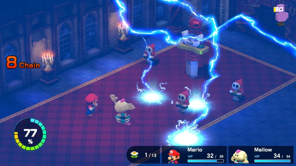 Super Mario RPG gameplay - lightening hitting shy guys