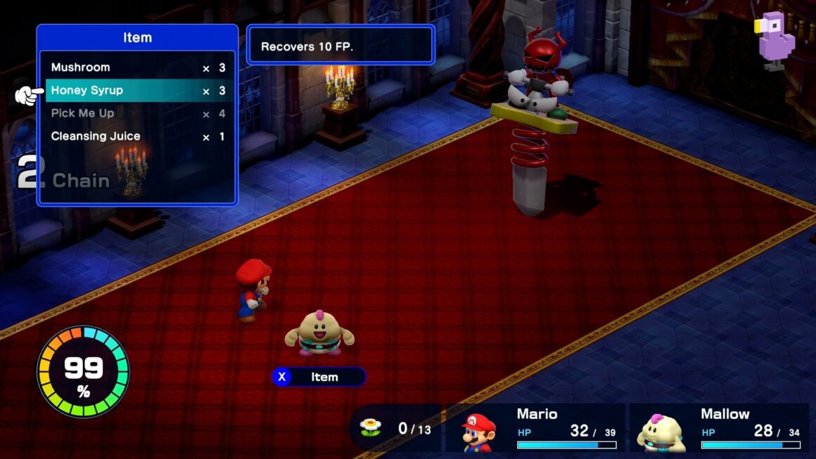 Super Mario RPG gameplay - Mario choosing honey syrup from his inventory