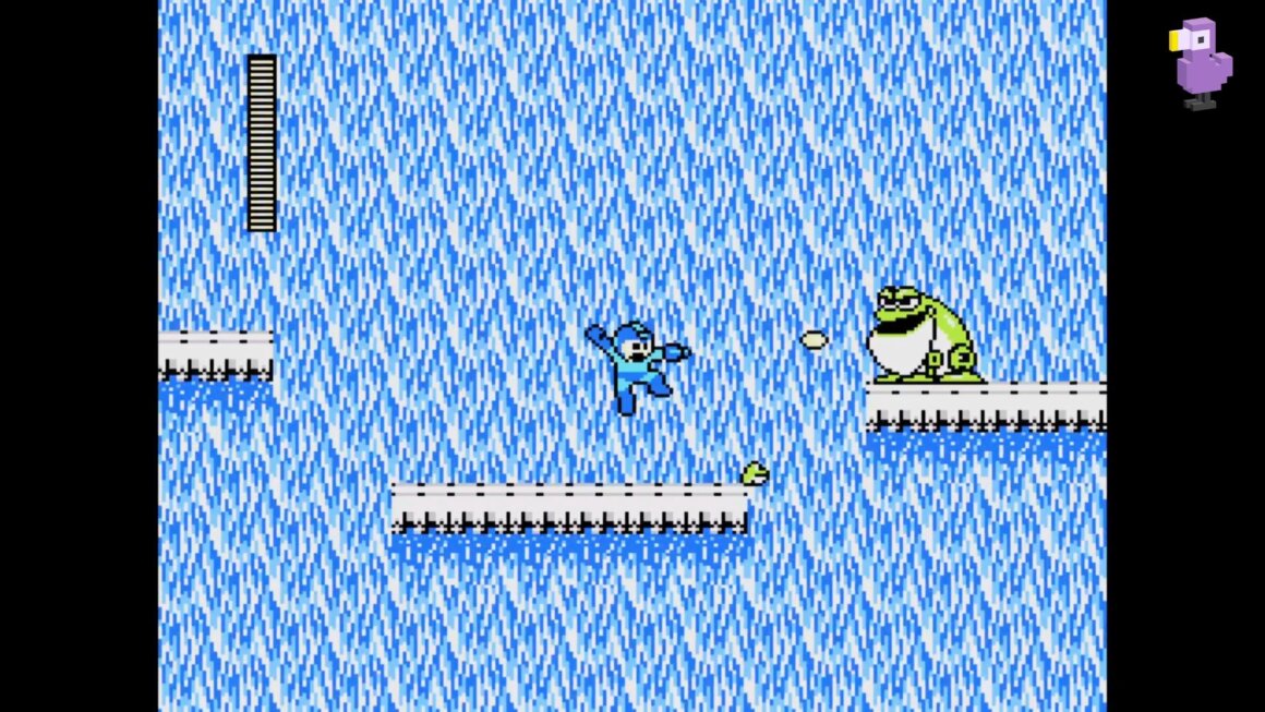 Mega Man firing an attack at a toad