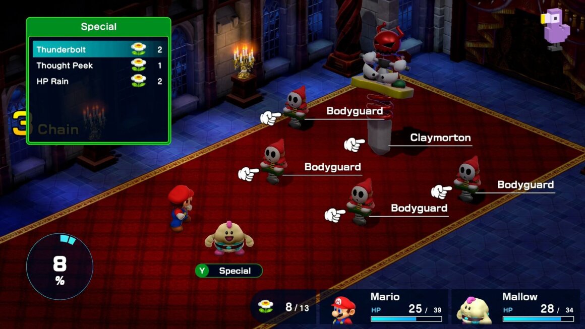Super Mario RPG - Mario preparing to square up against the Shy guy bodyguards