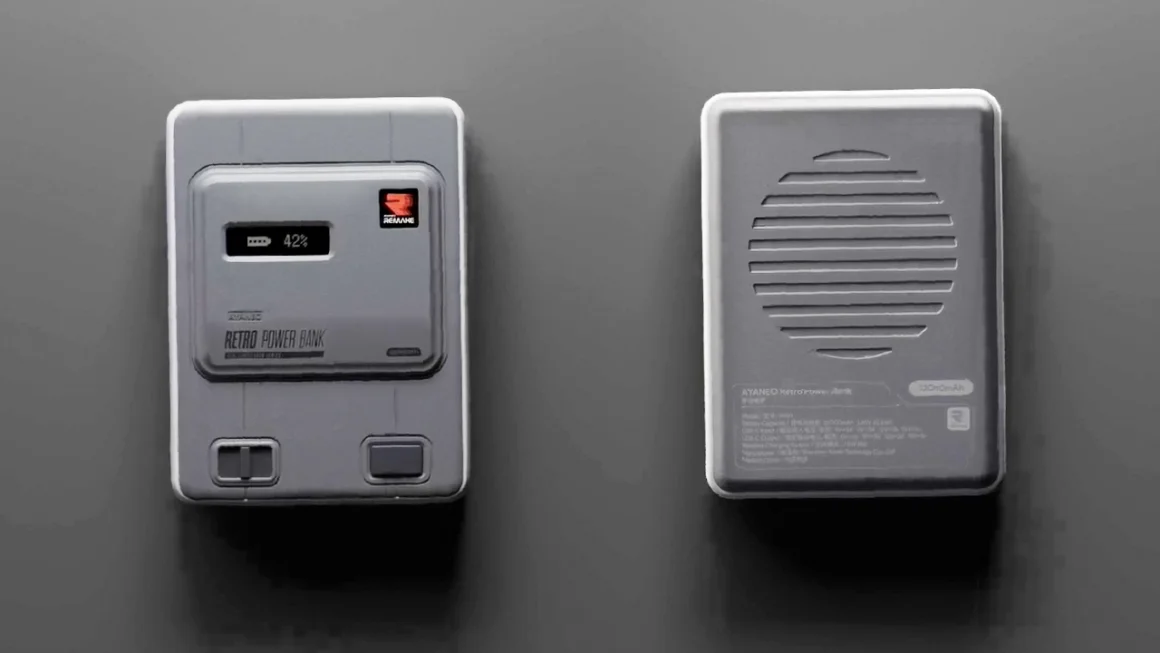 A FRONT AND BOTTOM VIEW OF THE THE AYANEO RETRO POWER BANK AGAINST A LIGHT GREY BACKGROUND