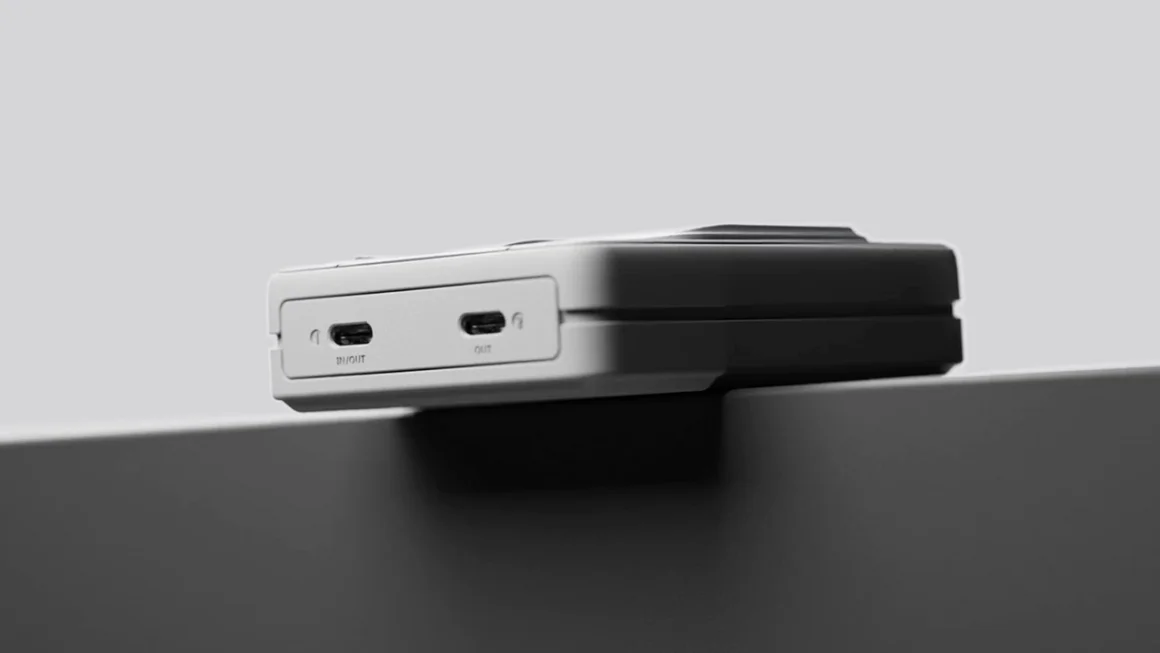 THE AYANEO RETRO POWER BANK AND ITS USB-C PORTS SHOWN FROM BELOW