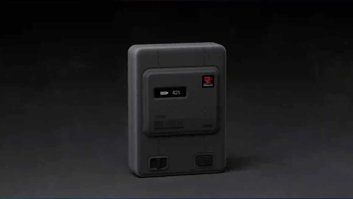 A FRONT VIEW OF THE THE AYANEO RETRO POWER BANK AGAINST A DARK GREY BACKGROUND