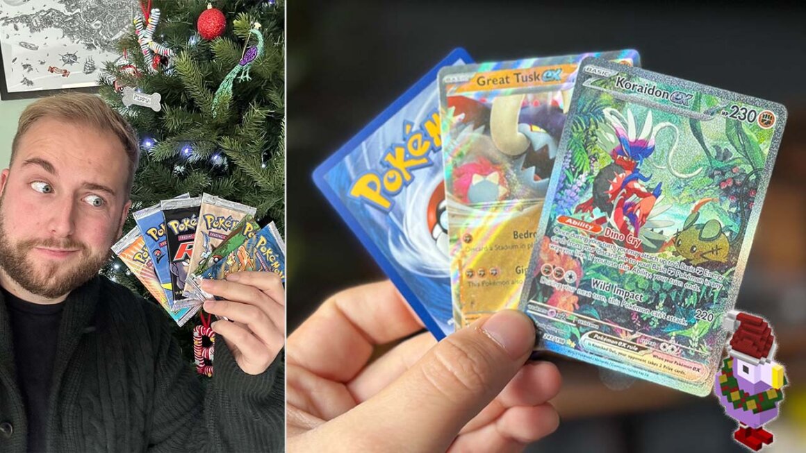 Brandon holding Pokemon Cards by a Christmas tree