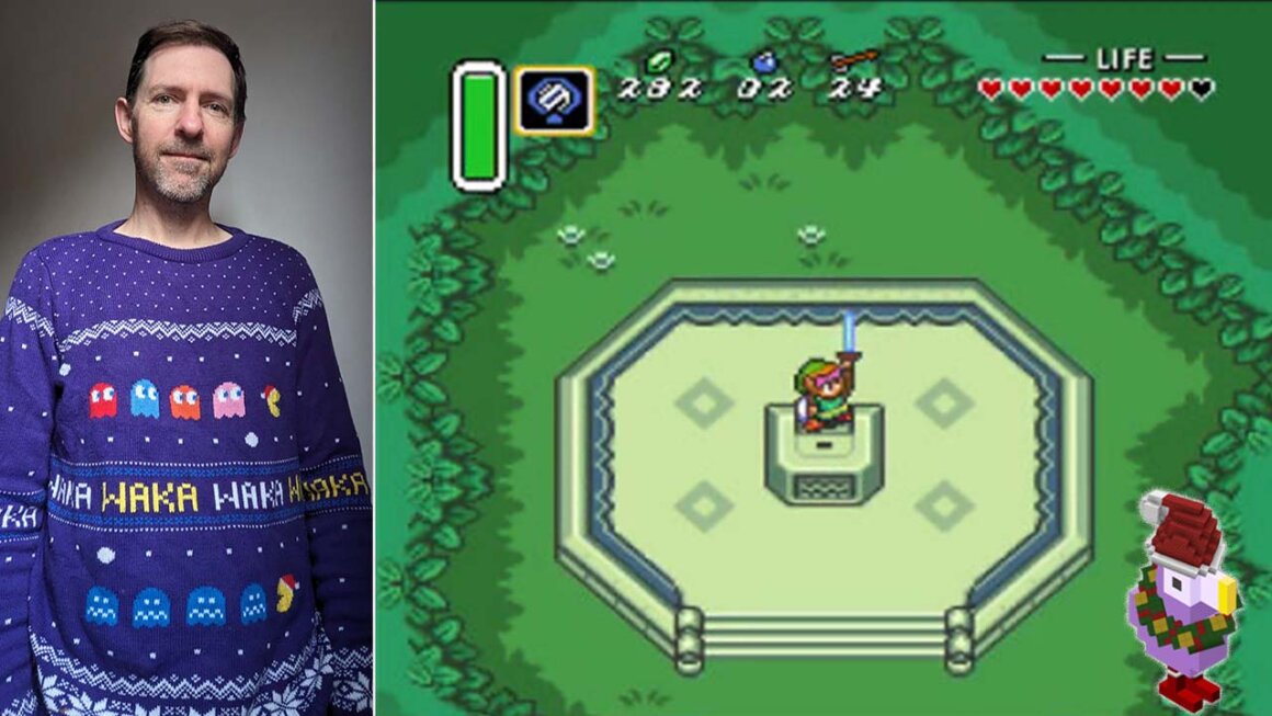 Jason wearing a christmas jumper next to A Link to the Past
