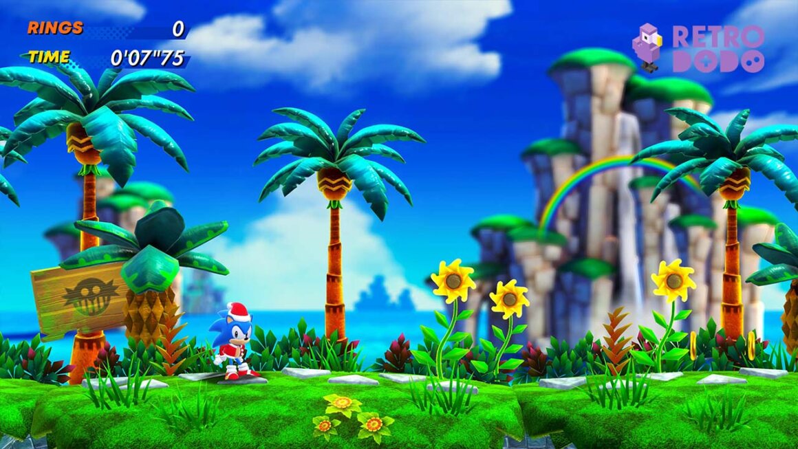 Sonic Holiday Costume DLC - Sonic waiting in Santa Costume by palm trees
