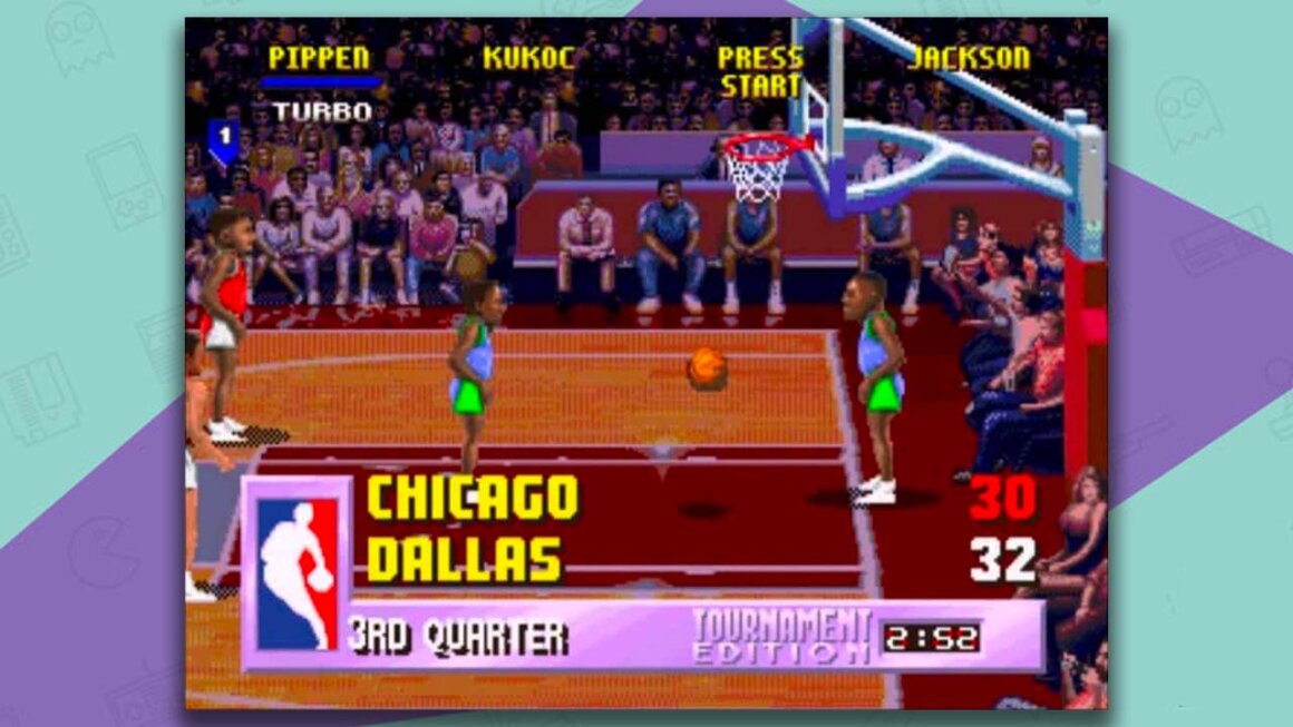 NBA Jam T.E gameplay showing characters on a basketball court
