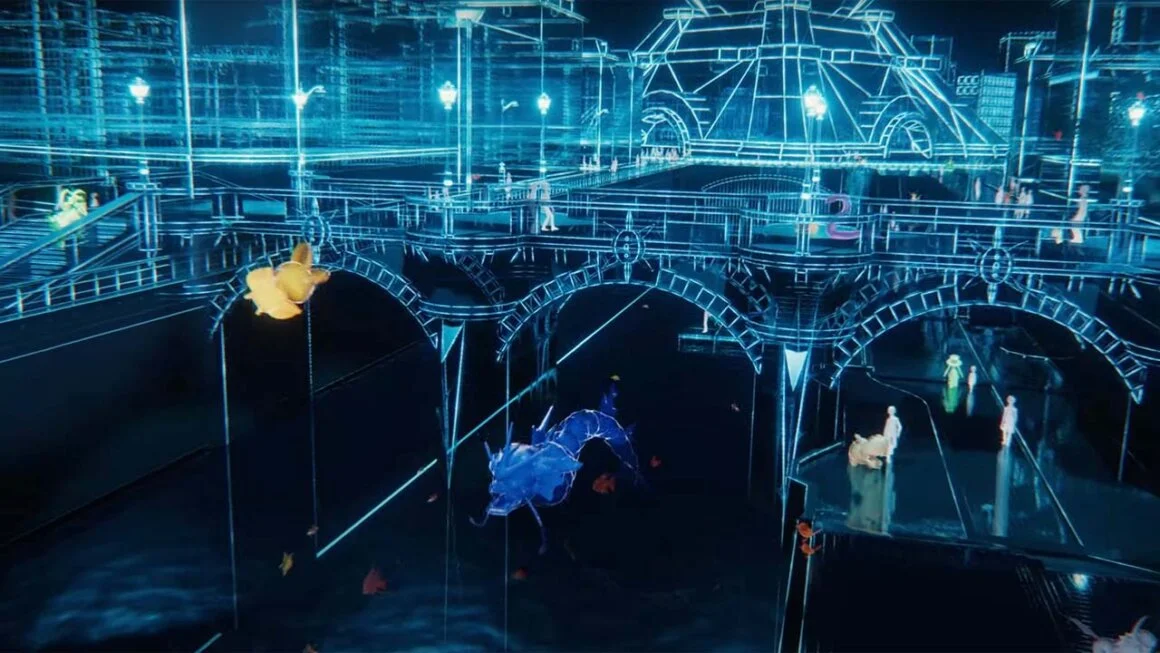 Image of Pokémon moving around a blueprint of a city