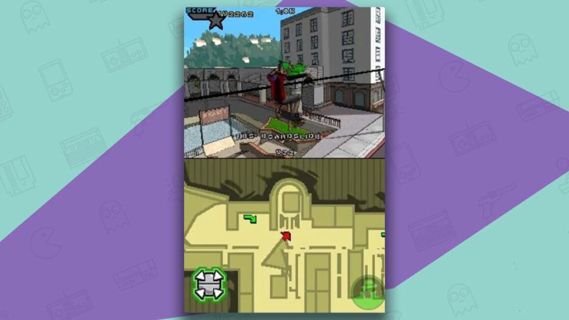 Tony Hawk's American Sk8land gameplay - jumping over a rail (top) map (bottom)
