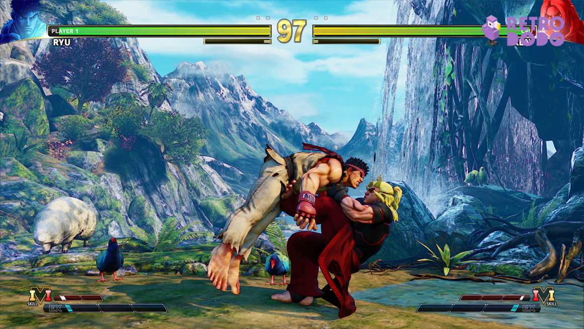 Ken pulls Ryu in for a throw