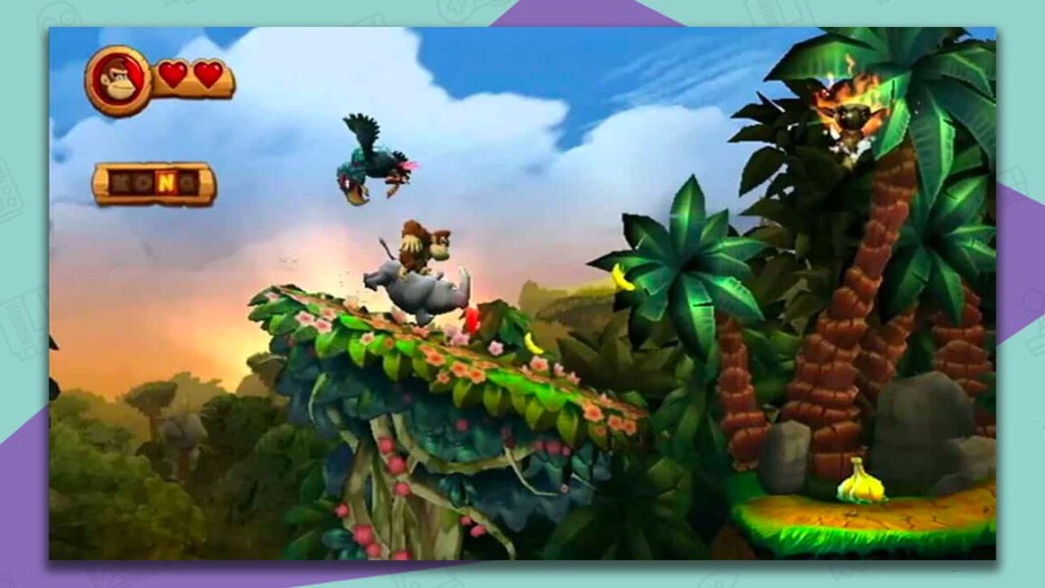 Donkey Kong Country Returns gameplay wii, with Donkey riding Rambi the Rhino