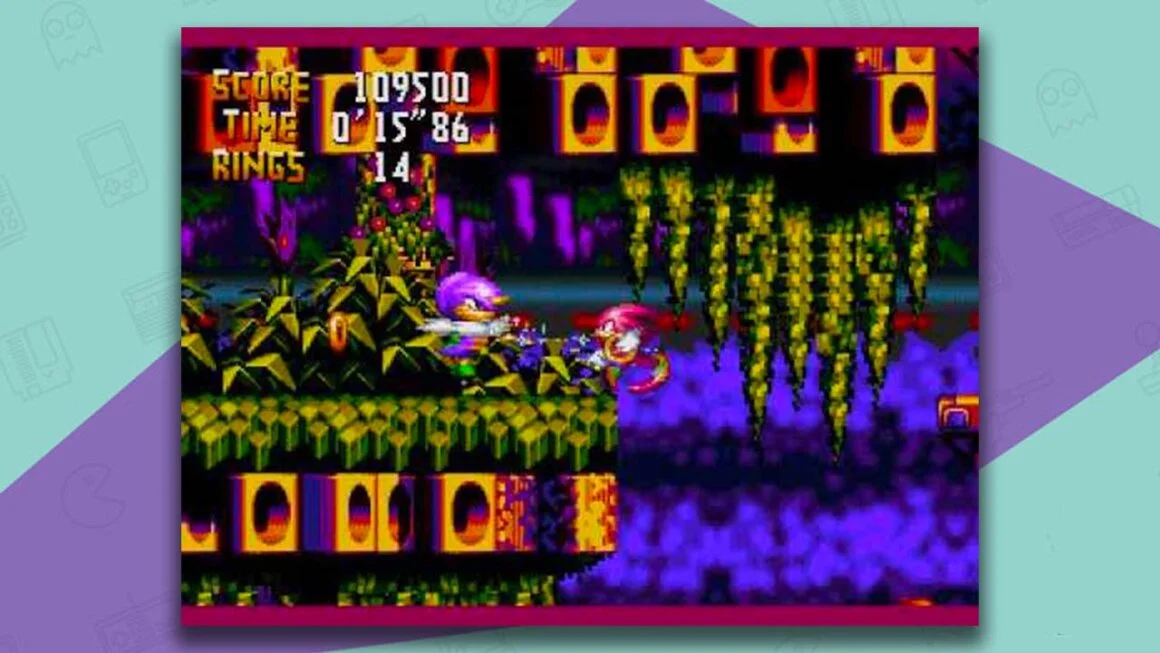 Knuckles' Chaotix gameplay, with Knuckles battling an enemy