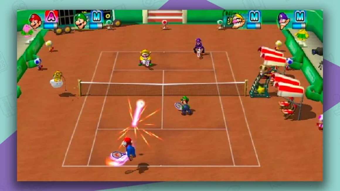 Mario Power Tennis gameplay, with Mario, Luigi, Wario, and Waluigi playing on a clay court