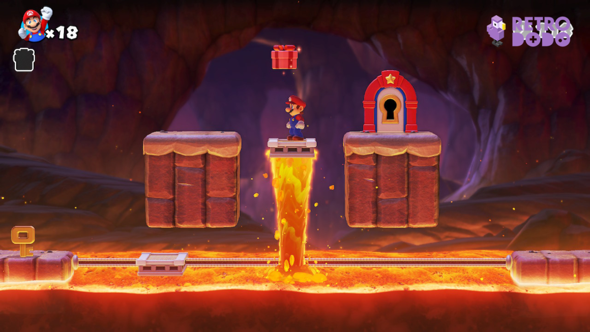 Mario rides a platform on some lava.