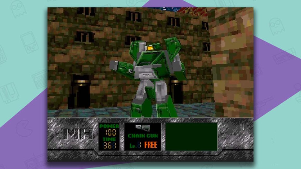 Metal Head gameplay, showing a green and silver robot standing by a brick wall