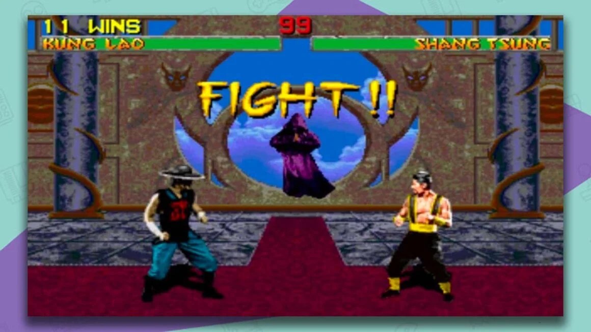 Mortal Kombat II gameplay - Kung Lao and Shang Tsung prepare to fight in a temple setting