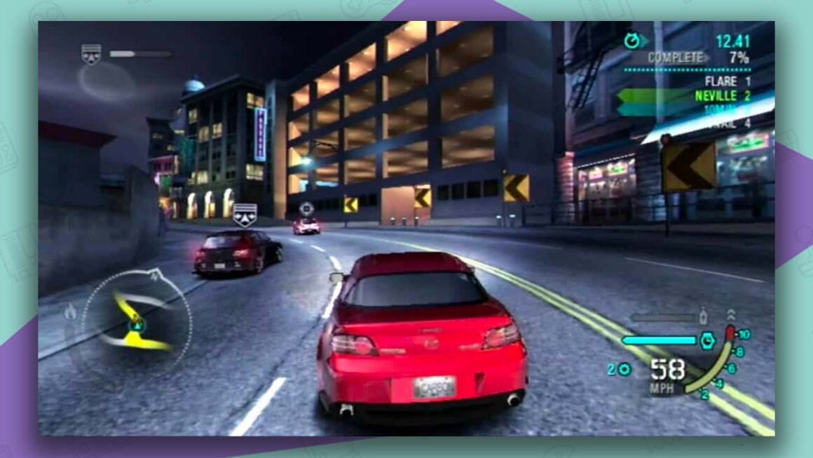 Need For Speed Carbon gameplay, with a red car driving along a street at night.