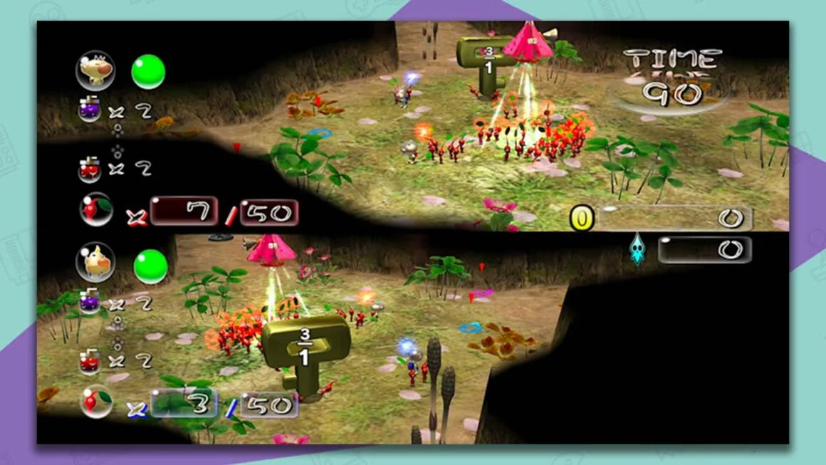 Pikmin 2 gameplay on the Wii, with Olimar and Louie leading their Pikmin in horizontal split screen mode.