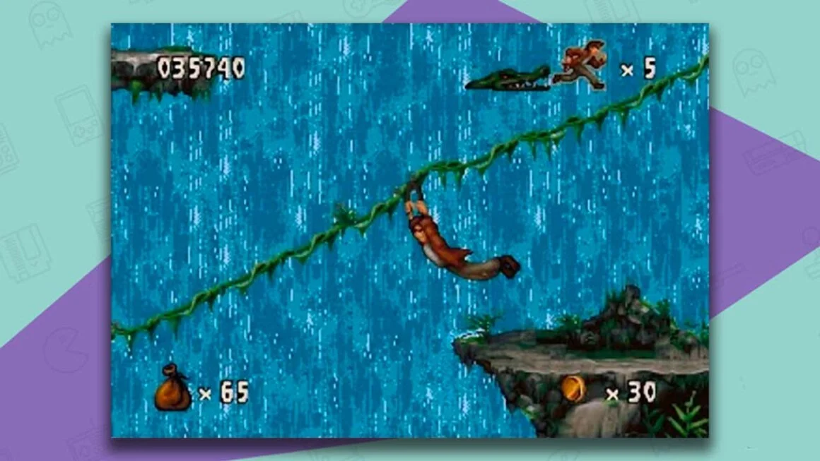 Pitfall: The Mayan Adventure gameplay - a man sliding down a green vine