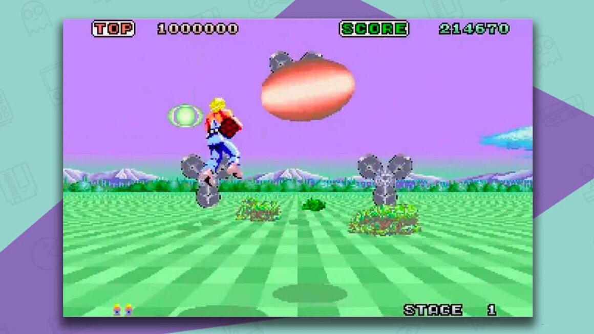 Space Harrier gameplay - character floating through the sky over a gridded green ground while holding a gun 