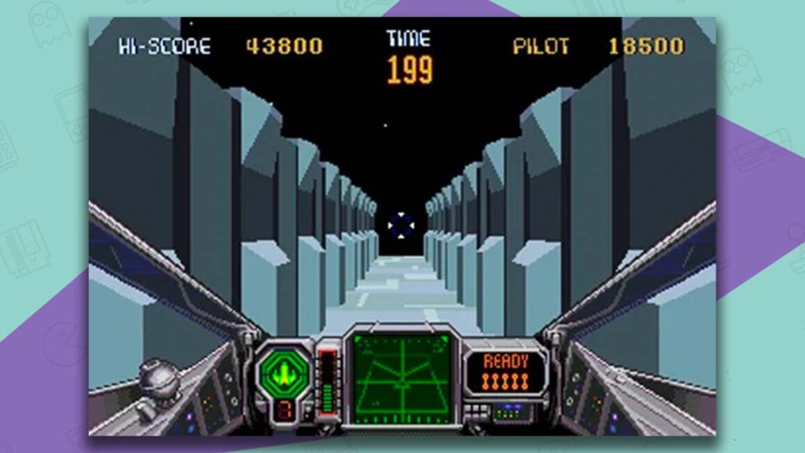 Star Wars Arcade gameplay viewed from inside an Xwing travelling down a channel in the Death Star