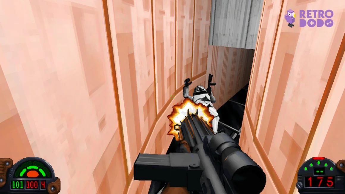 Player shooting a stormtrooper in a corridor 