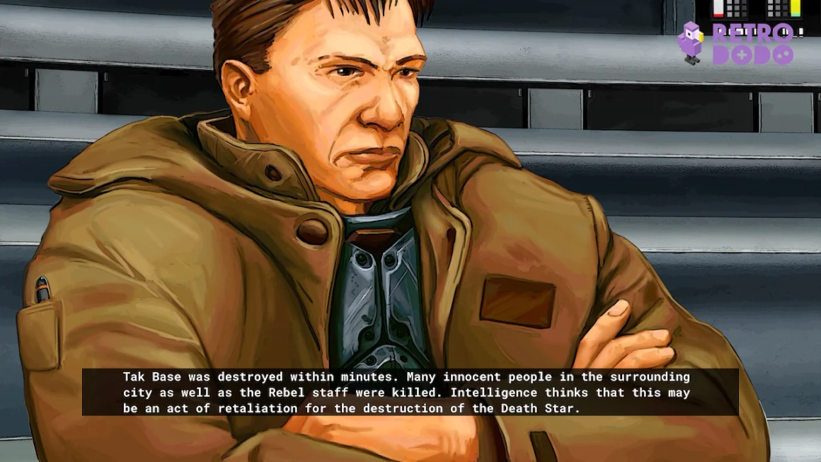 Cutscene showing character with arms crossed and text for the reader