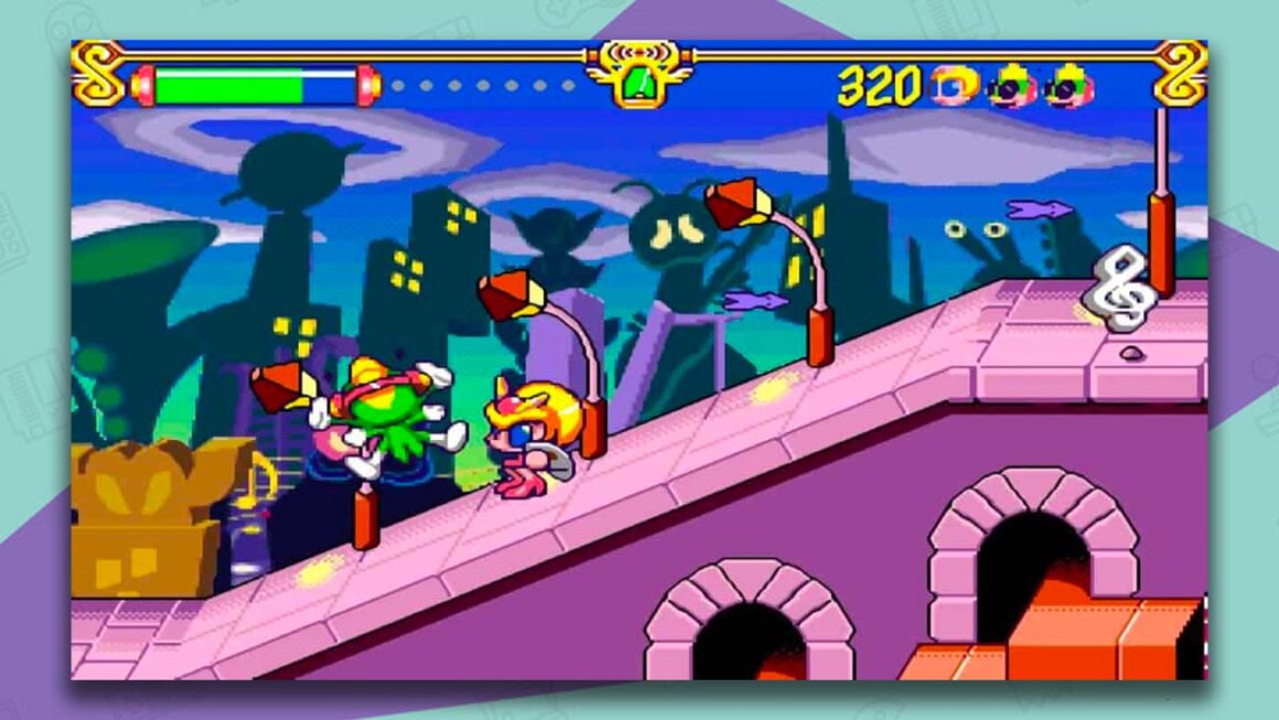 Tempo 32x gameplay, with characters moving down a pink sloped street with bent lampposts