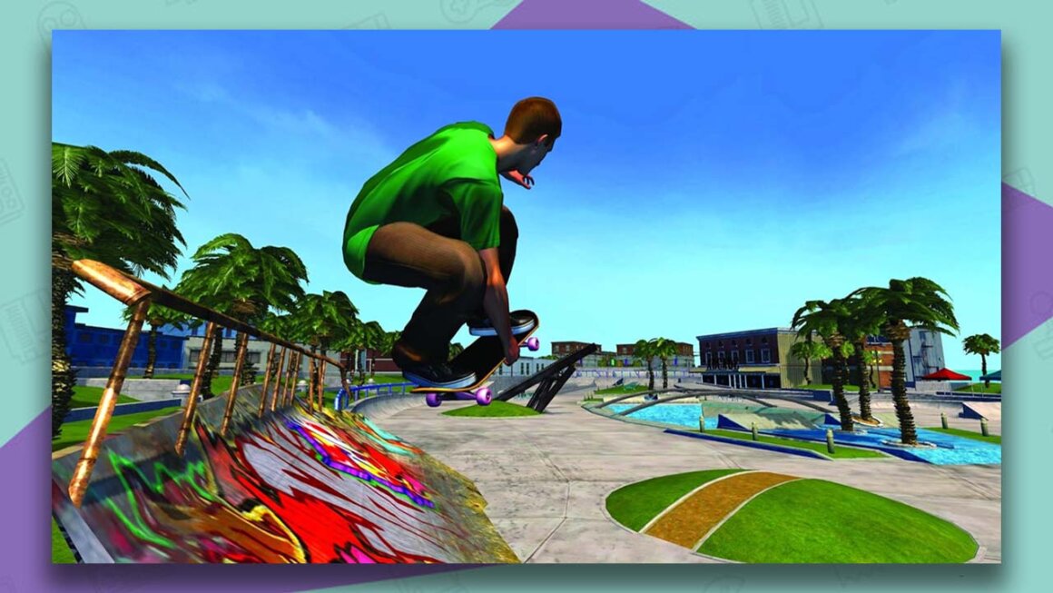 Tony Hawk: Ride gameplay - getting air over a graffiti covered ramp