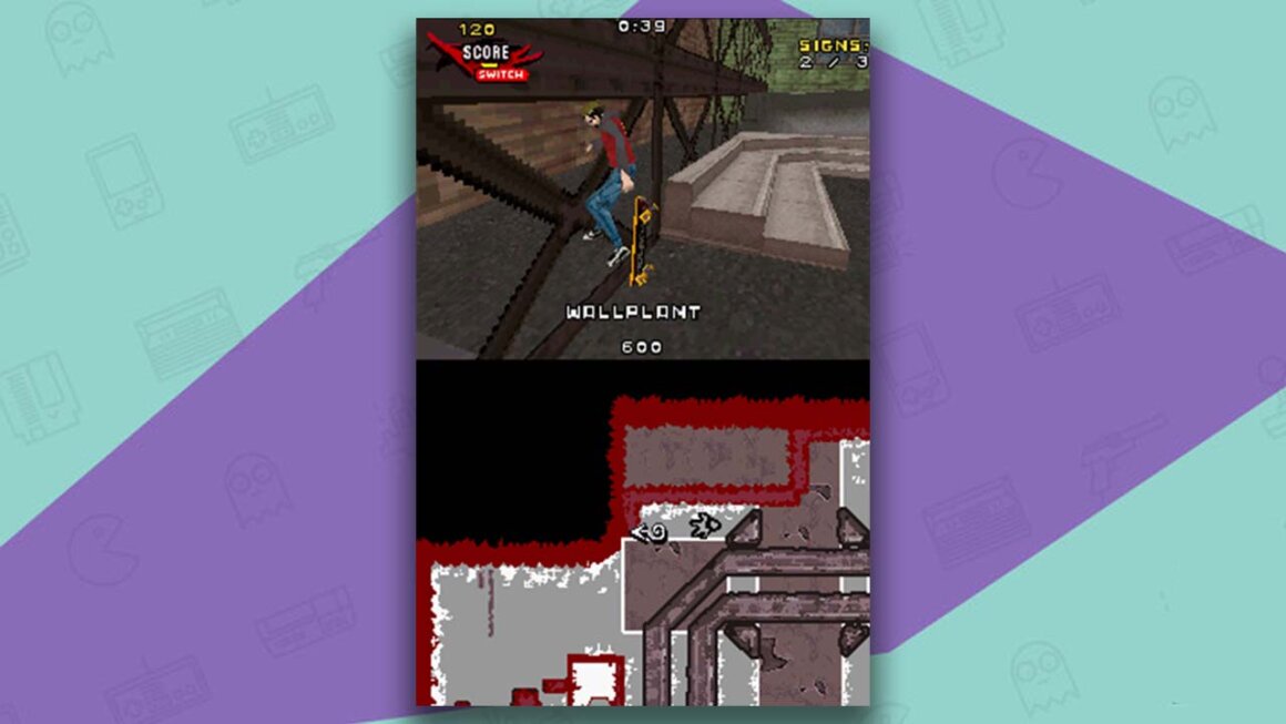 Tony Hawk's Proving Ground gameplay - wall plant on the top screen, map on the bottom