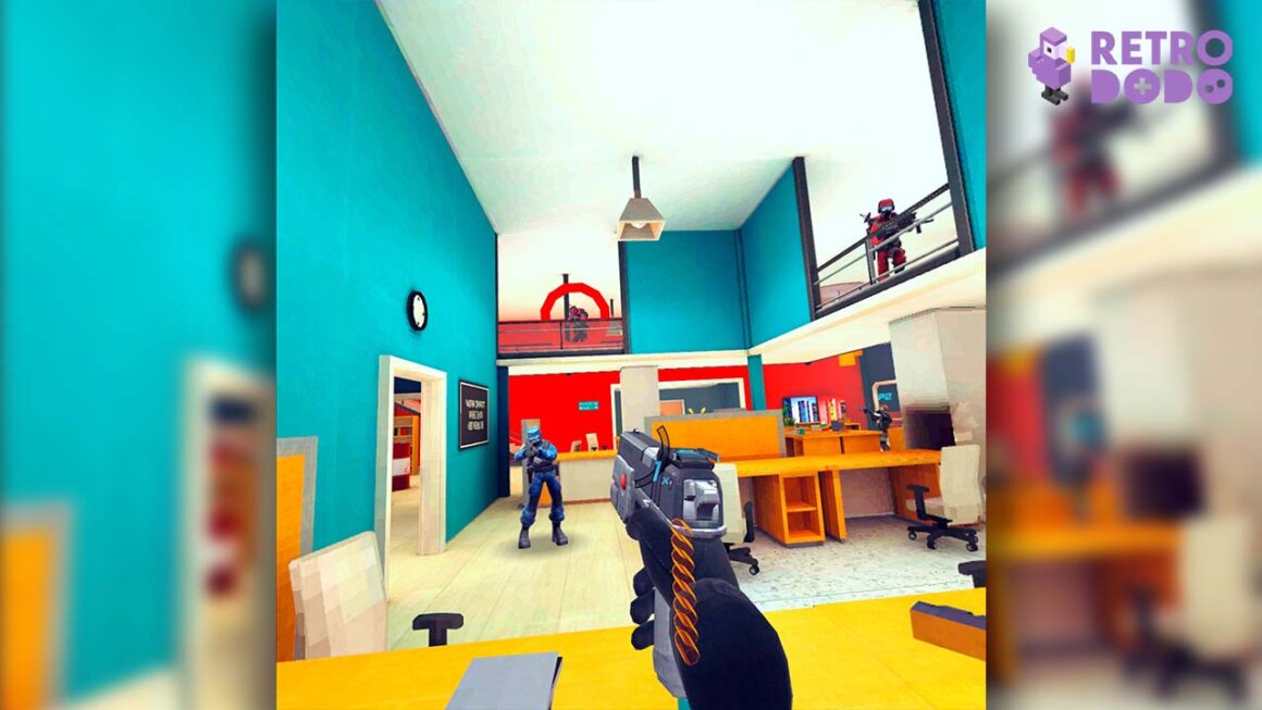 Gun pointing at enemies in an office