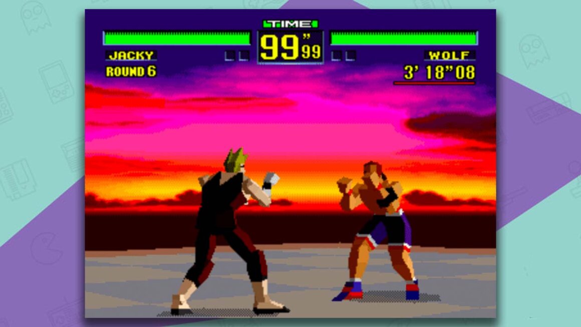 Virtua Fighter gameplay - Jacky and Wolf preparing to fight at sunset.